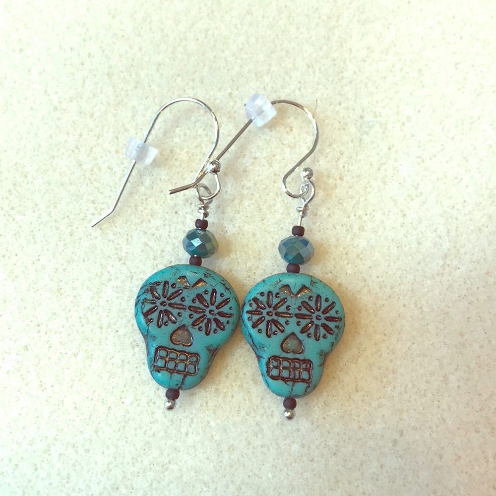 Turquoise colored sugar skull handmade earrings